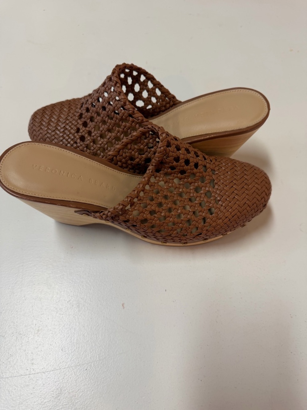 Veronica Beard Brown Woven Leather Wedge Mules